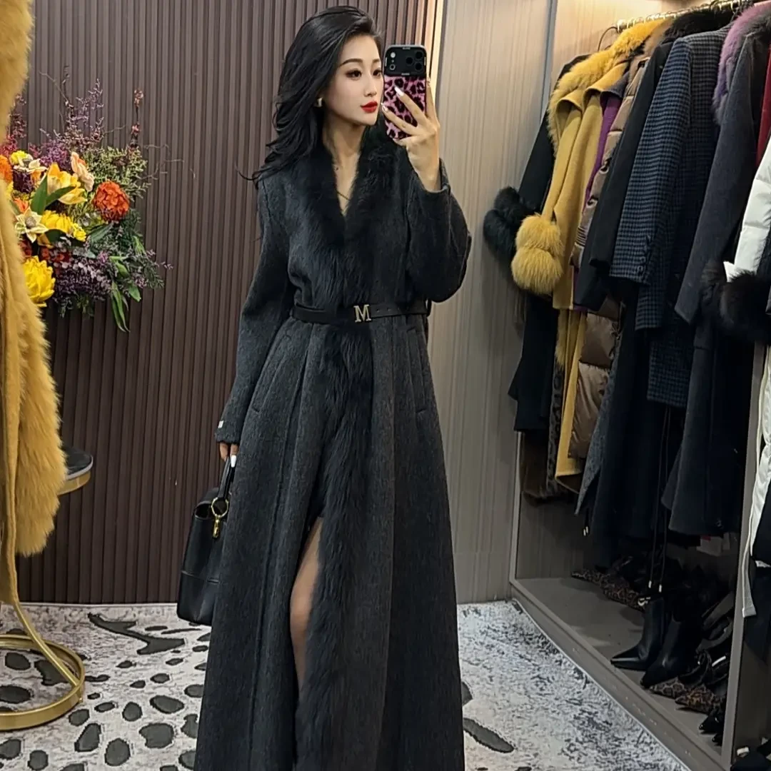 师老板女装～冬韩系气质拼接毛毛系带显瘦宽松外套581