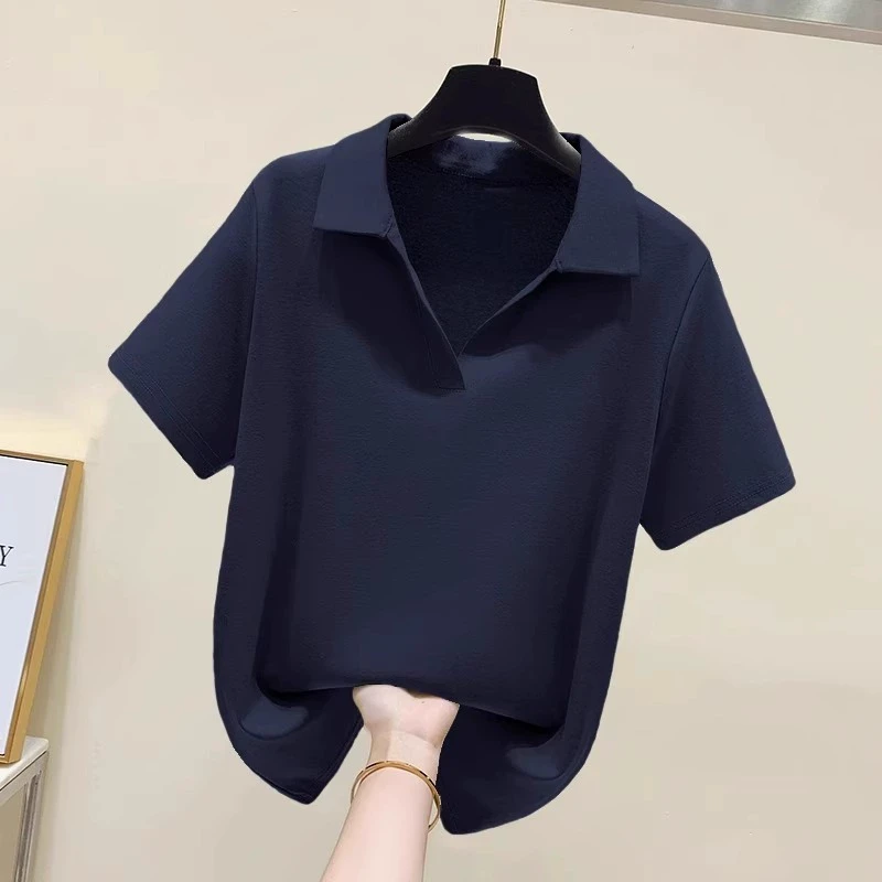 藏青色POLO领衬衫短袖T恤女夏季高级感显瘦大牌女装大码正肩上衣