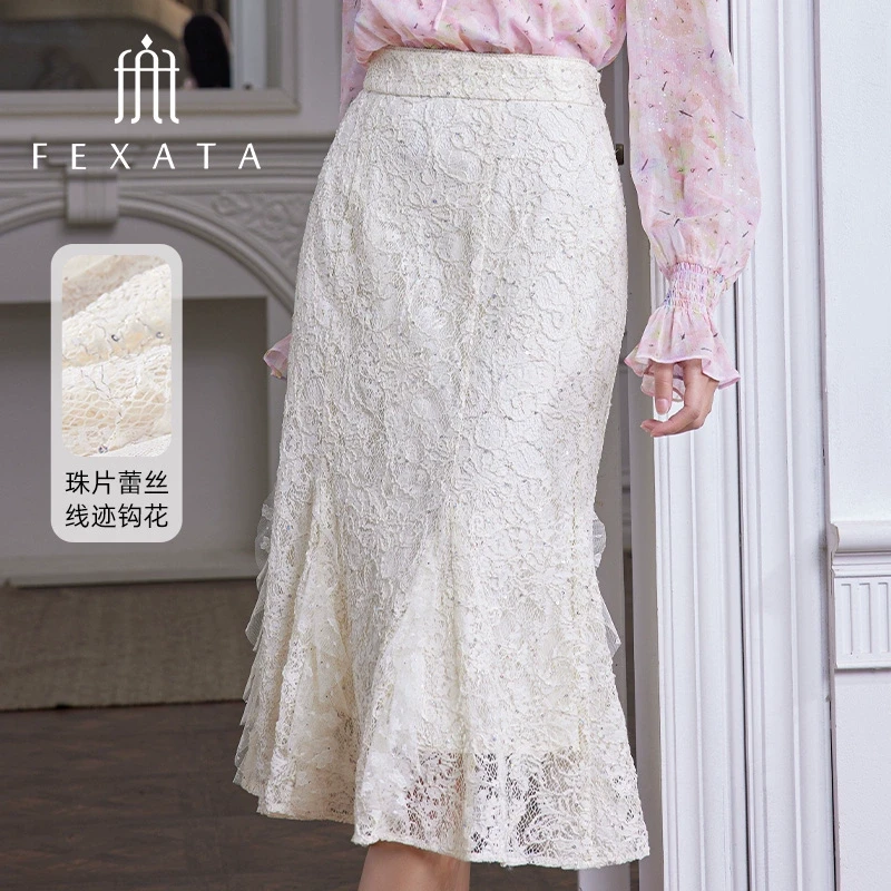 FEXATA斐格思2024秋冬季新品法式优雅浪漫珠片蕾丝鱼尾裙半身裙