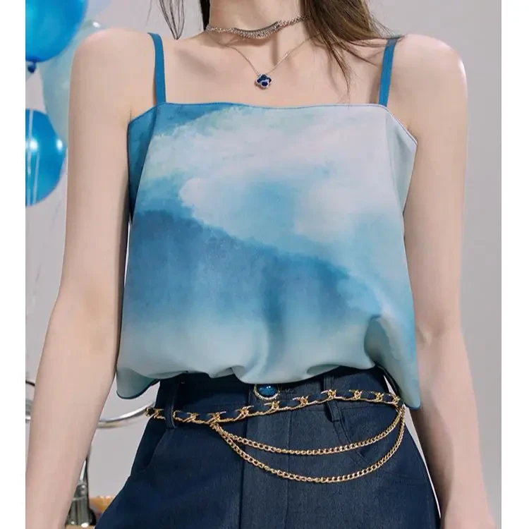 蓝色渐变通勤晕染宽松小众丝巾吊带显瘦夏季设计感