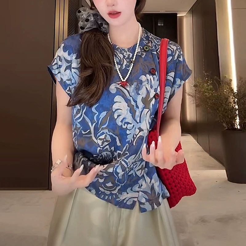国风复古印花t恤女夏季2025时尚显瘦洋气减龄设计感圆领短袖上衣