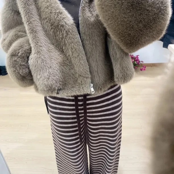 新款立领加厚仿水貂绒皮毛一体短款女冬季环保外套