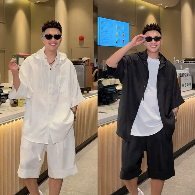 夏季新款天丝亚麻垂感休闲运动套装男士高级感简约衬衫短裤两件套