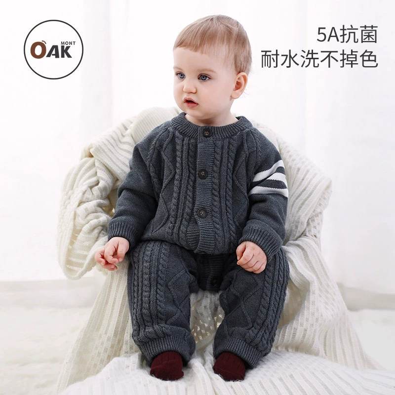 Oak mont婴儿针织连体衣秋冬季儿童衣服加绒加厚保暖宝宝毛衣