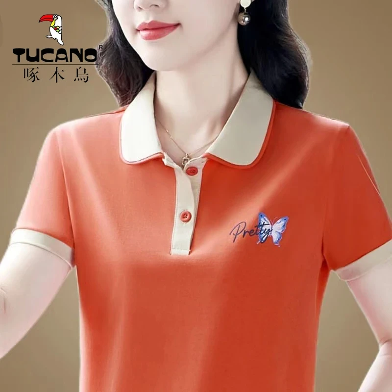 啄木鸟~印花半袖中年妈妈翻领短袖t恤女夏季新款减龄气质百搭上衣