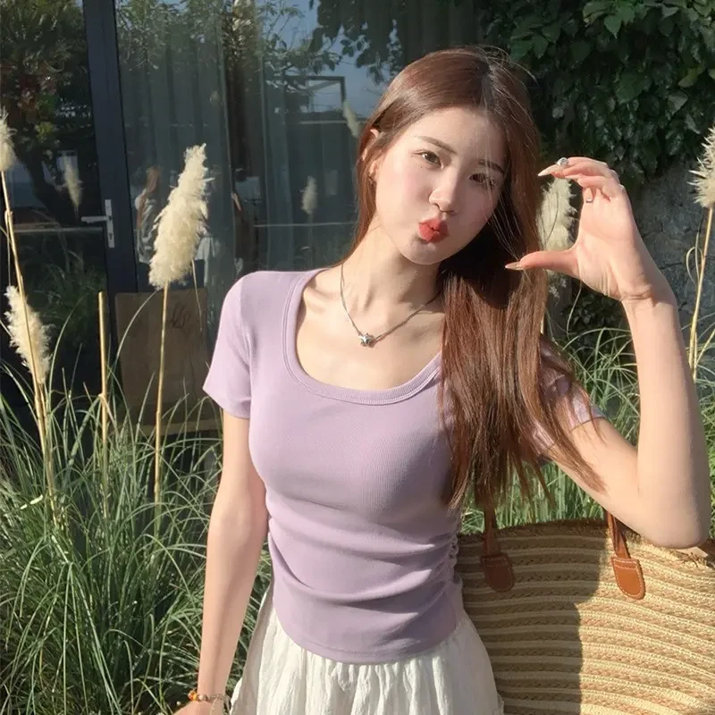 紫色短袖t恤女夏季2025年春夏新款方领显瘦修身法式锁骨正肩上衣