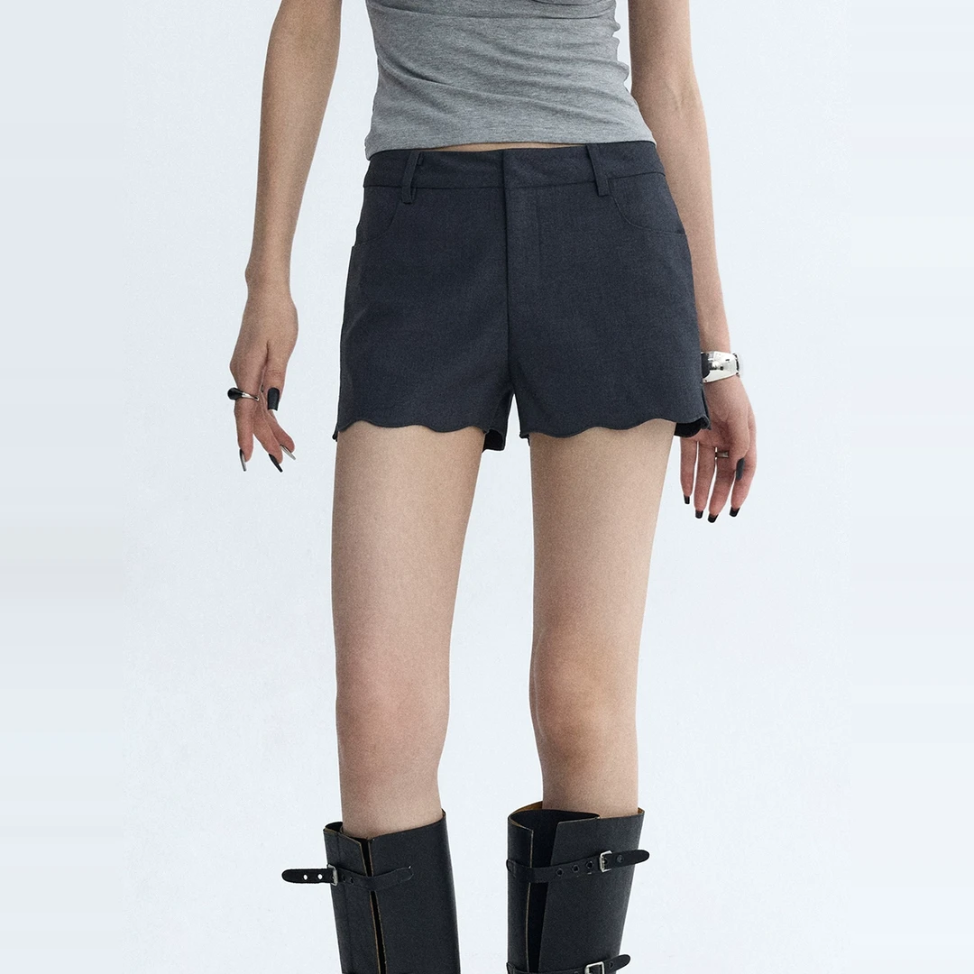 ourhour 波浪花边 黑色灰色中腰造型感西装短裤 女夏设计感热裤