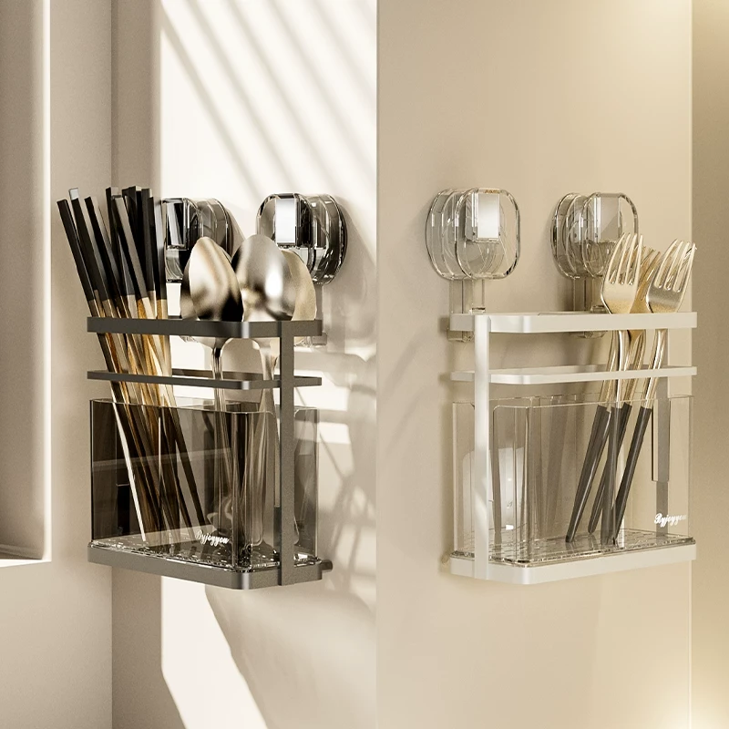 吸盘铁艺筷子架壁挂式厨房筷子收纳盒沥水筷笼挂墙放叉勺子筷子筒