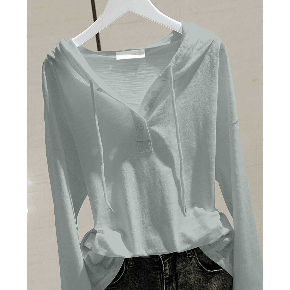 纯色连帽长袖t恤女2025秋季时尚新款宽松显瘦竹节棉套头上衣女生