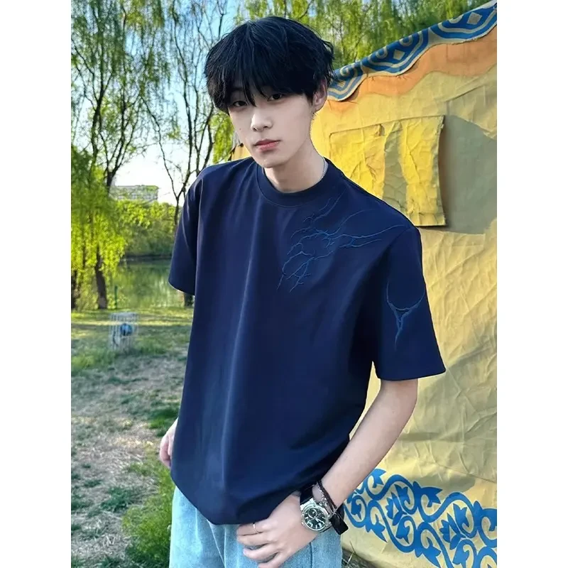 藏青色披荆斩棘刺绣T恤男夏季美式cleanfit肩宽短袖高街重磅半袖