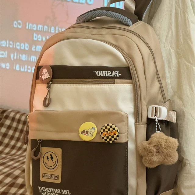 复古工装风大容量书包女韩版高中学生初中生撞色双肩包男旅行背包