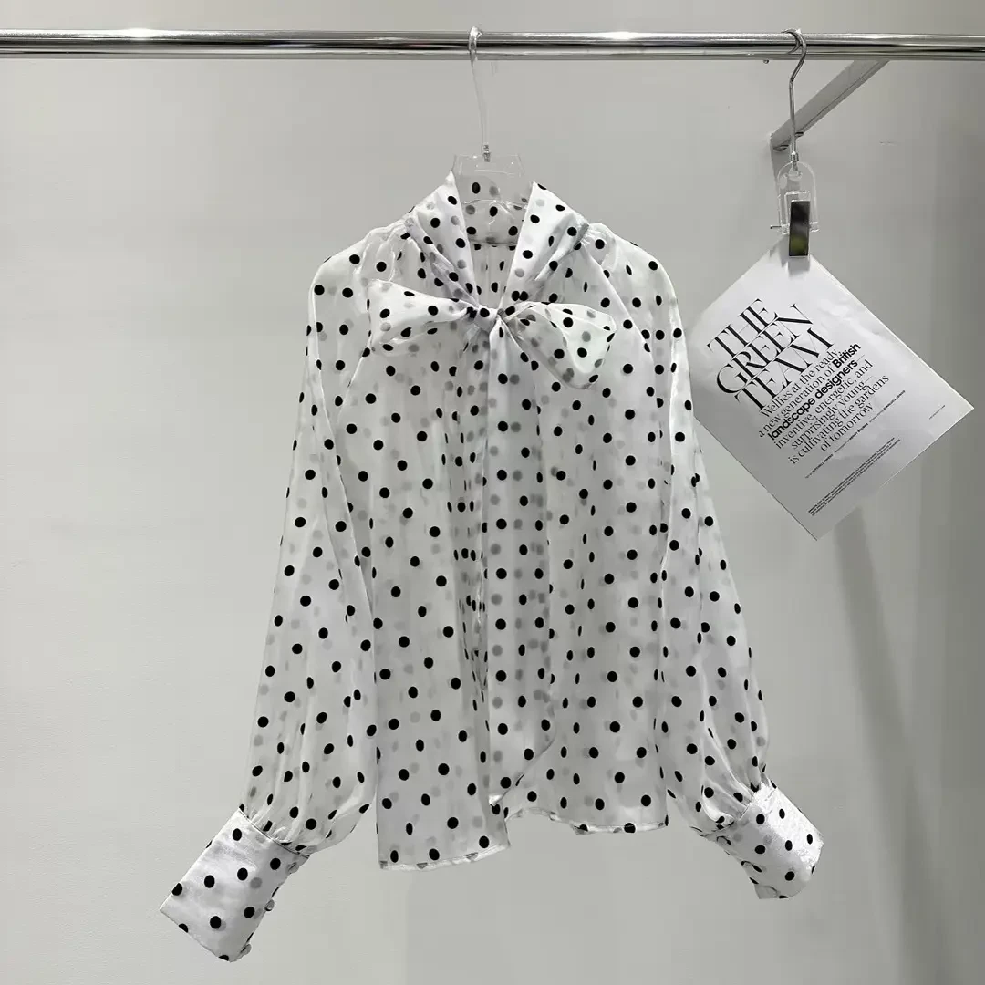优雅波点蝴蝶结领衬衫多色选择时尚设计衬衫上衣衬衣长袖时尚