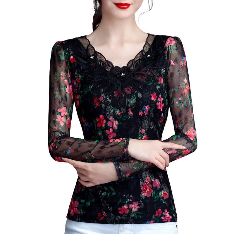 0101长袖洋气碎花打底网纱内搭女士保暖上衣