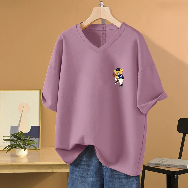美式复古宽松大码oversize纯棉V领短袖t恤女2025新款夏季显瘦上衣