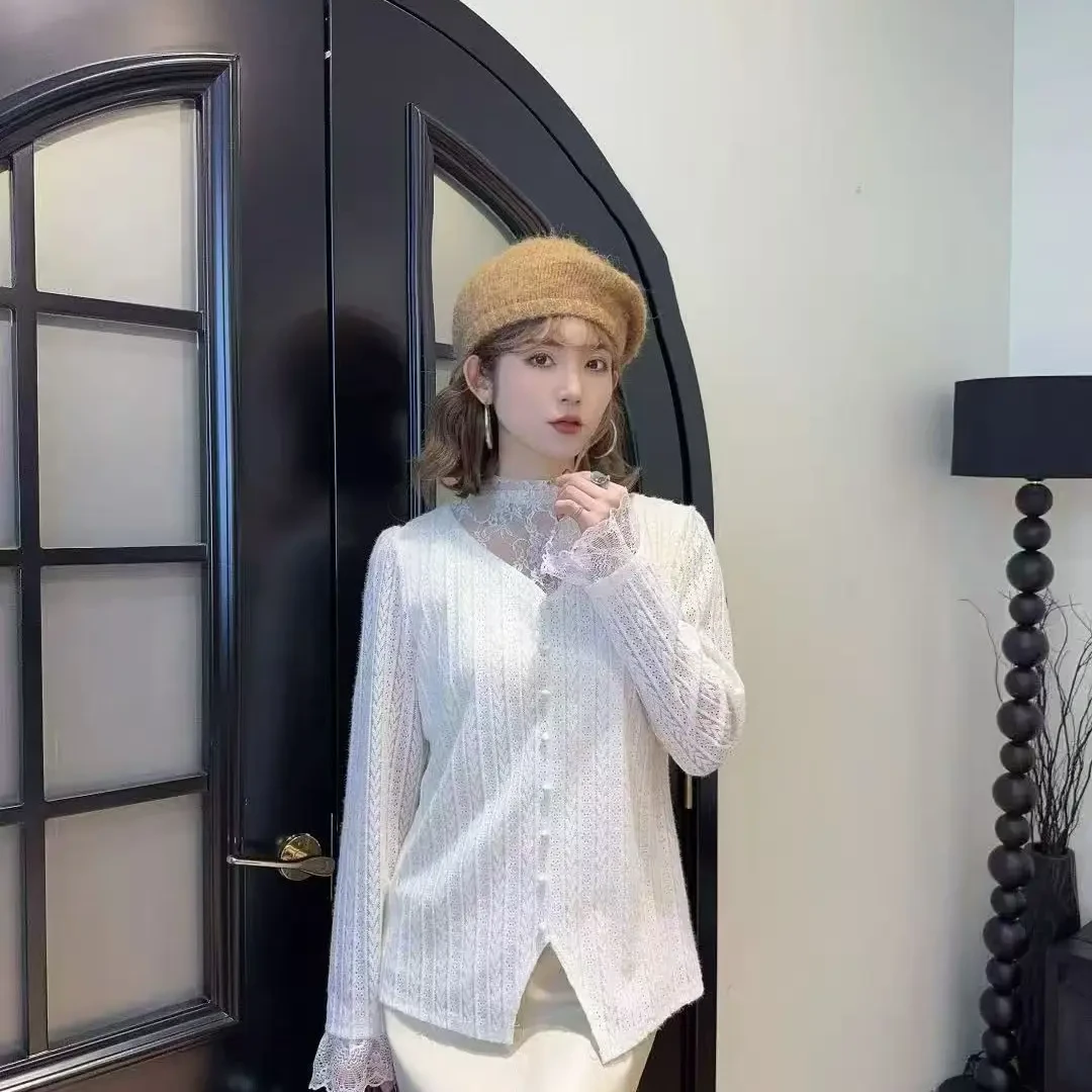 胖胖家*5199新款拼接蕾丝加绒打底衫