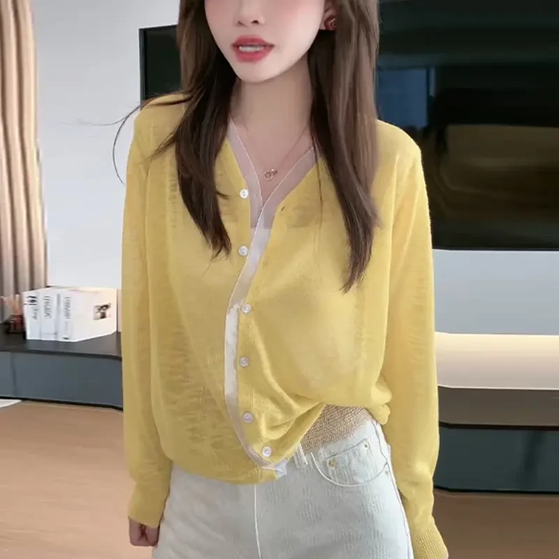 设计感黄色假两件针织衫夏季大码上衣女胖mm洋气遮肉防晒开衫宽松