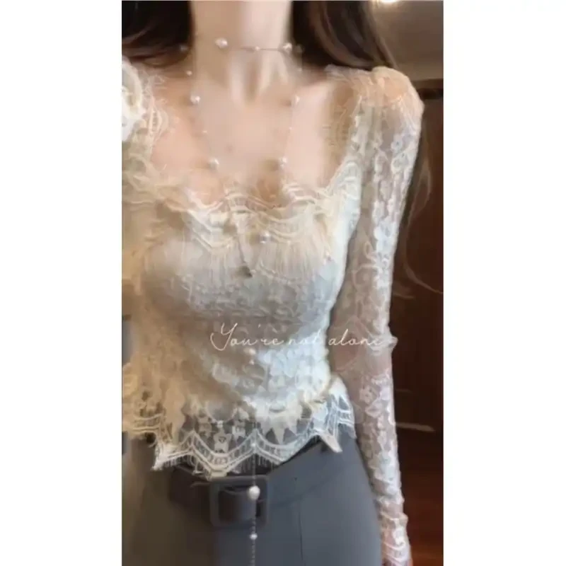 纯欲辣妹性感方领蕾丝打底衫女春季新款内搭外穿修身显瘦长袖上衣