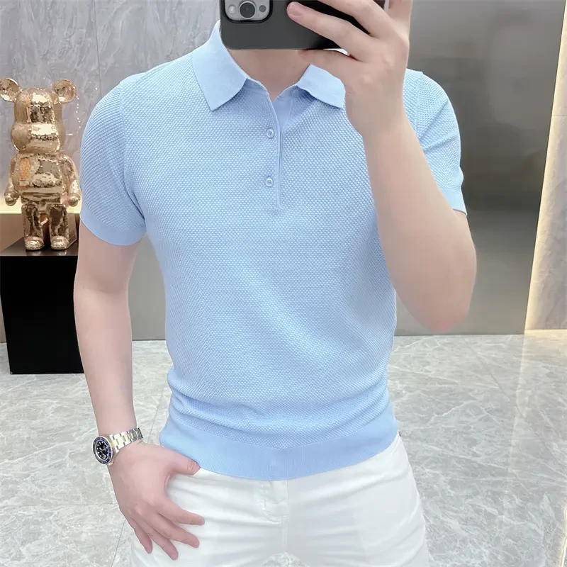 欧货针织短袖男士时尚休闲夏季半袖POLO冰丝翻领百搭上衣纯色薄款