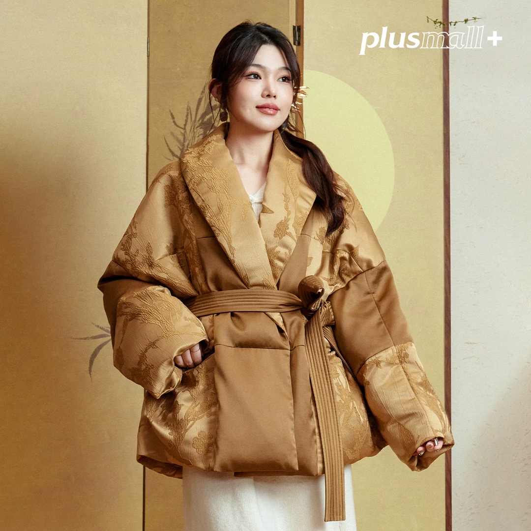 PLUSMALL 丹青绘梦 肌理提花拼接缎面国风翻领棉服外套PM2412088