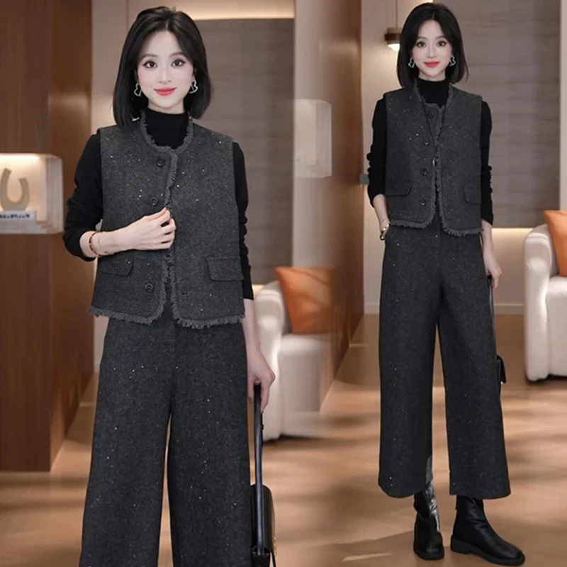 小香风时尚套装女2025秋季新款洋气质马甲打底衫九分阔腿裤三件套