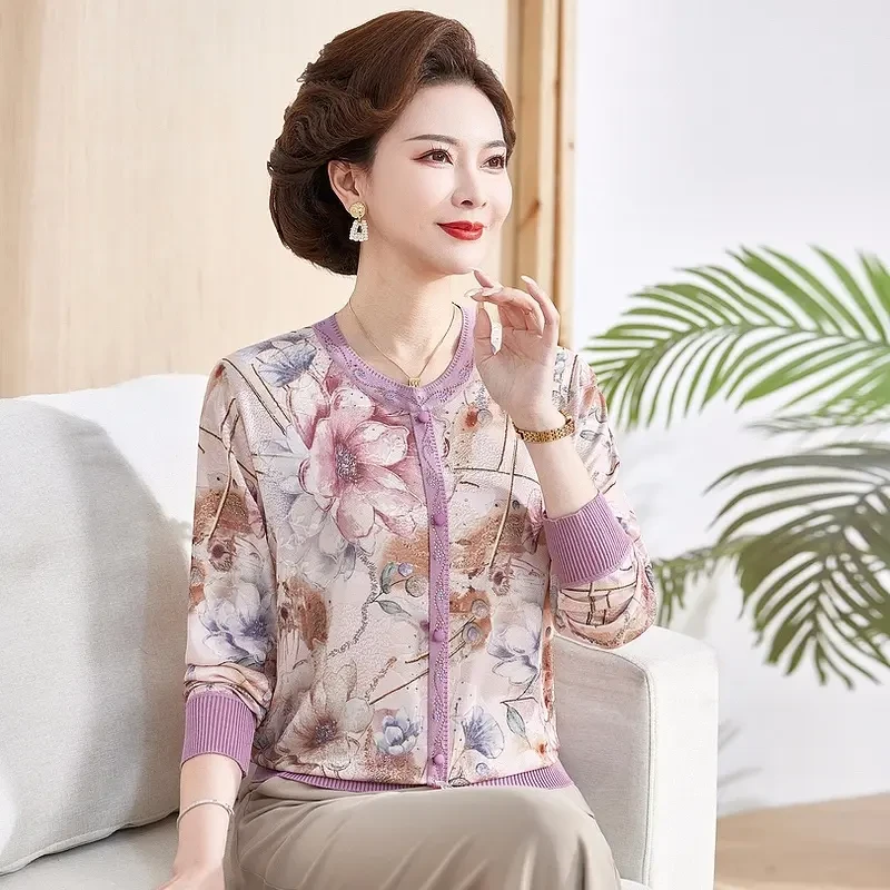 妈妈装春针织小衫中老年人女衣服长袖T恤打底衫洋气质短款上衣楠