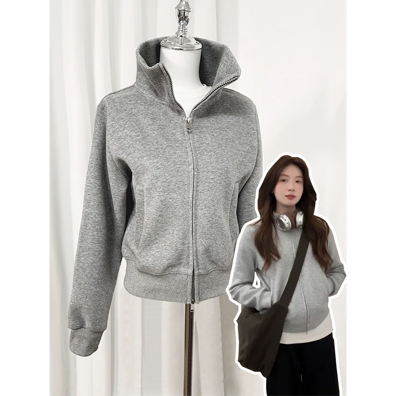 初秋灰色卫衣外套女款正肩短款秋季立领小个子早秋薄穿搭开衫上衣