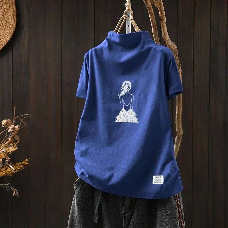 女装剪标~短袖T恤衫2025夏季爆款上衣宽松型半高领设计女