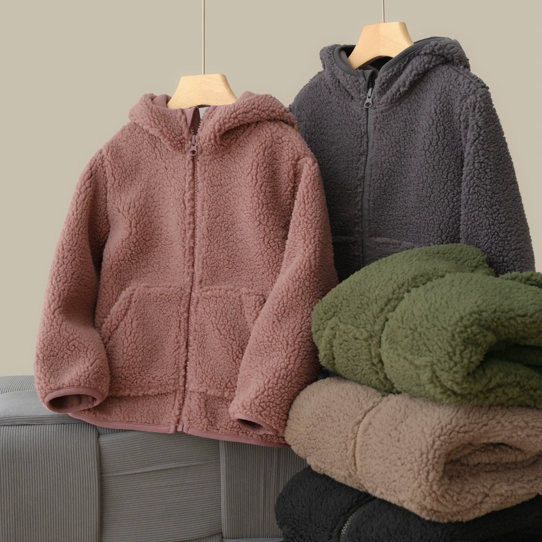 清库厚实儿童仿羊羔绒连帽外套男女童保暖拉链衫中大童冬款 81671