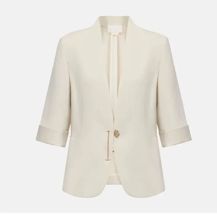 【多多】高级优雅高支高密桑蚕丝短款五分袖修身白色西装外套 Y2595