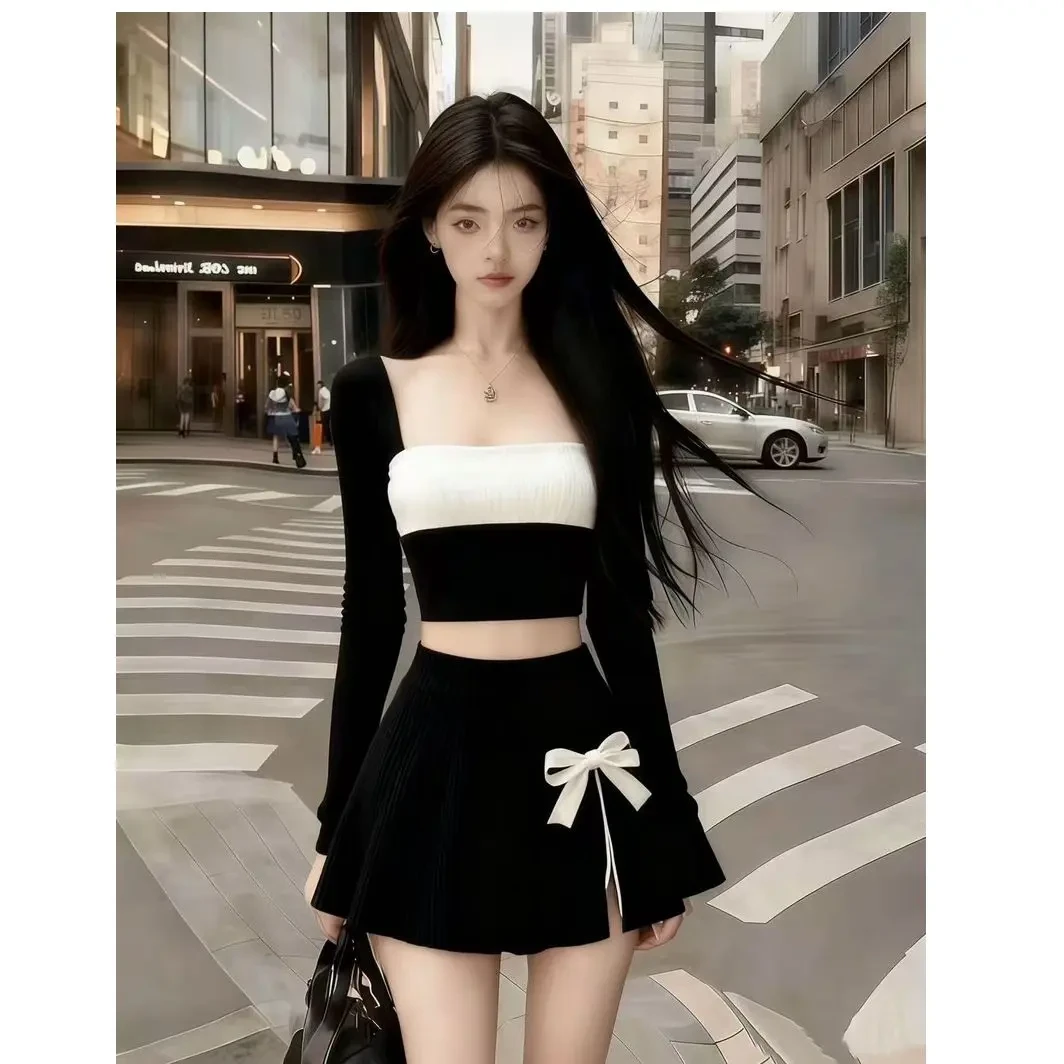 新款时尚少女风撞色方领长袖短款上衣加黑色小众设计半身裙两件套
