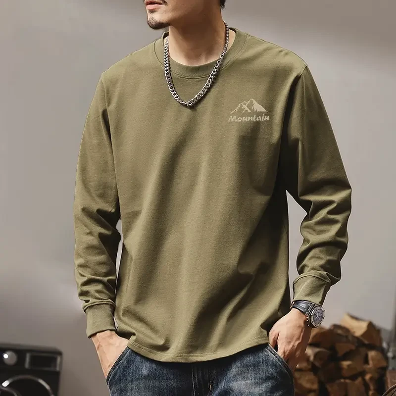 T恤秋装纯棉男士宽松韩版休闲百搭in螺纹袖口圆领打底内搭长袖