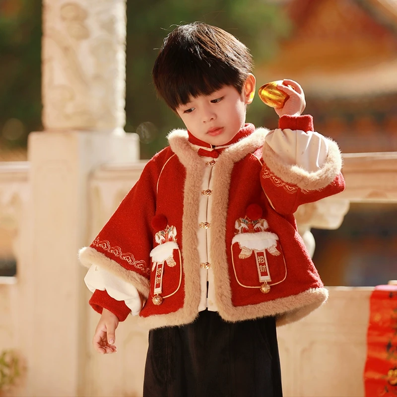 汉服男童冬款2025男宝周岁礼服儿童中国风喜庆拜年服新年加厚唐装