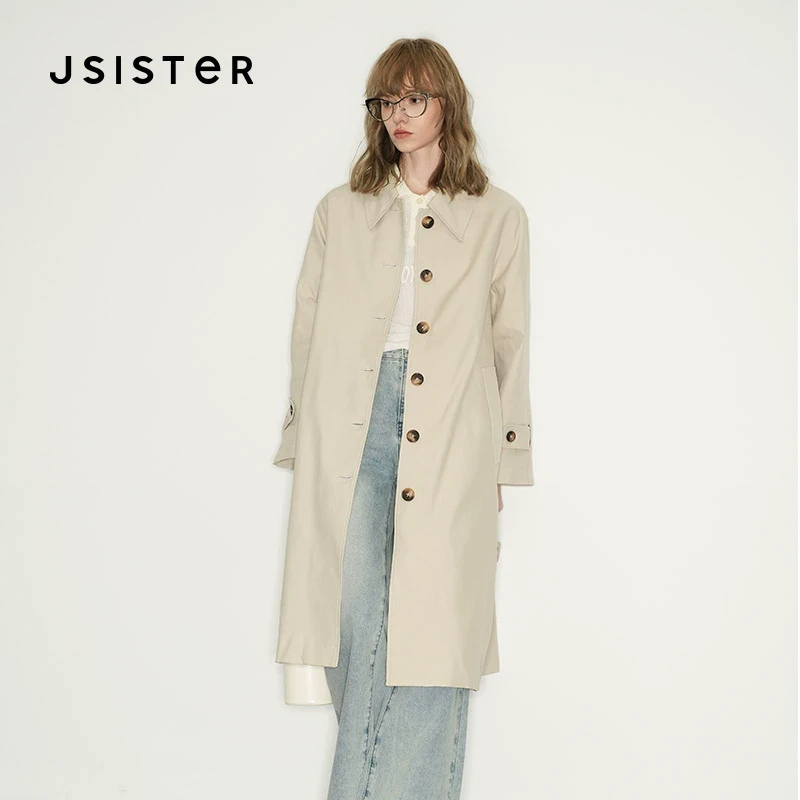 jsister 春装新款 JS女装时尚卡其色通勤单排扣长款风衣 外套