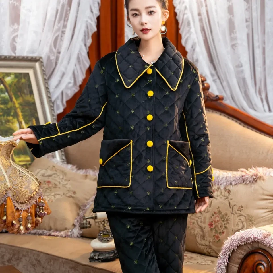 邑夏公主三层加厚刺绣女士冬季加绒保暖可外穿睡衣家居服D0034