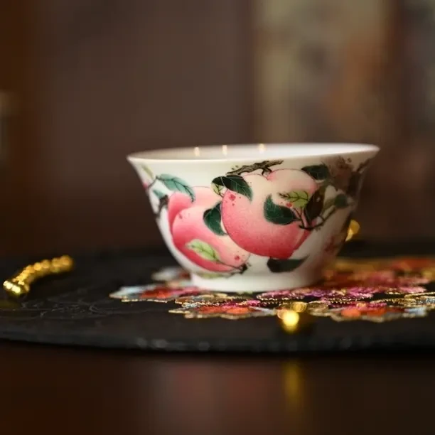 景宫瓷园粉彩寿桃客杯景德镇瓷器高性价比60cc好看大气茶具茶杯