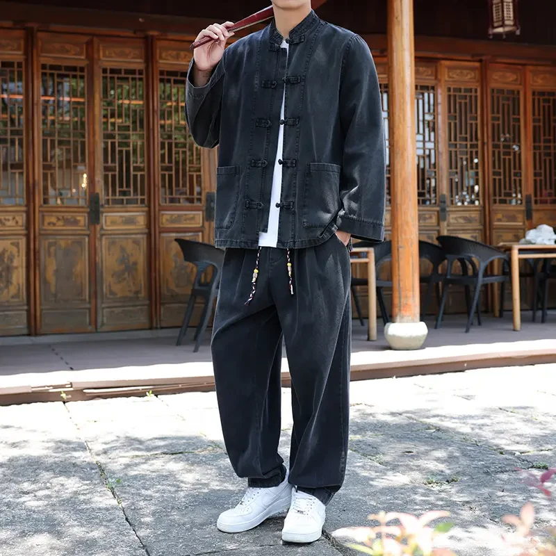 特大码300斤轻奢痞帅禅意男装秋季国风牛仔衬衫夹克休闲宽松套装