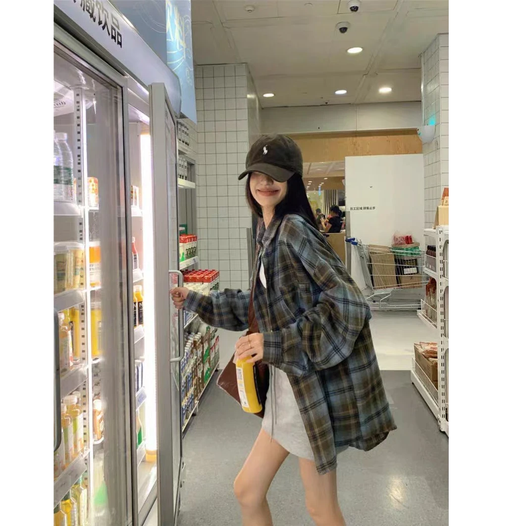 【现货】美拉蓝穿搭格子衬衫外套女春季宽松慵懒松弛感高级上衣衬衣