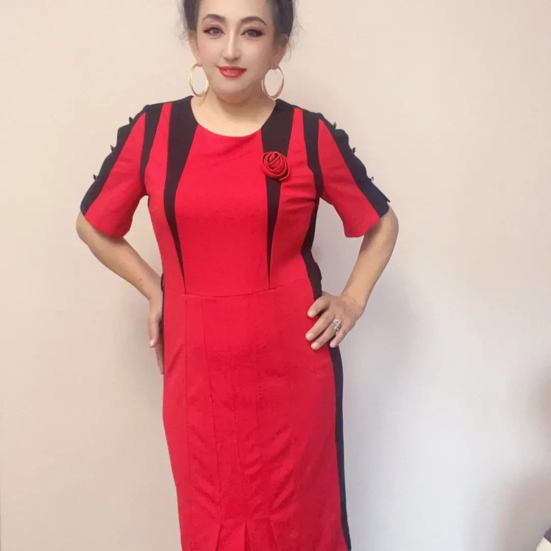 红色气质短袖连衣裙夏季通勤优雅修身显瘦女士服装