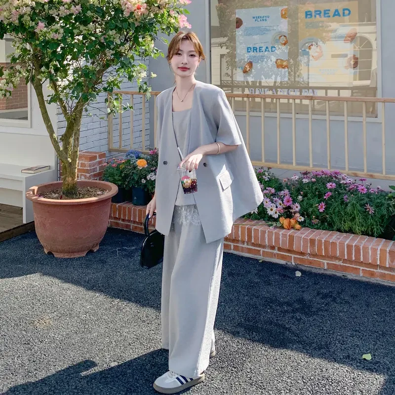 松弛感韩系套装裤女2025夏季新款极简风西装外套吊带阔腿裤三件套