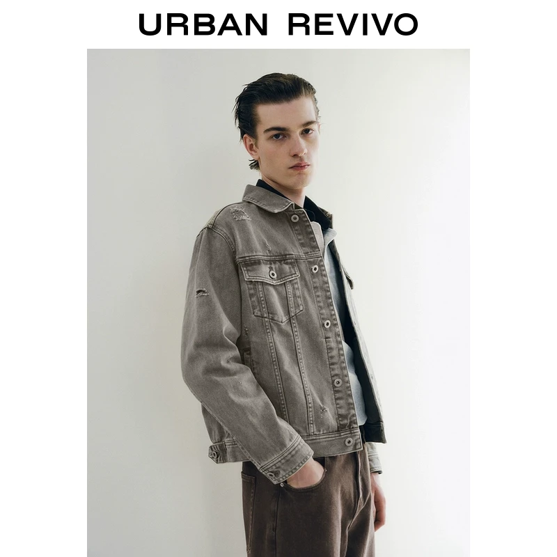 UR2025秋季新款男装潮流美式休闲破洞翻领牛仔外套UMM850019