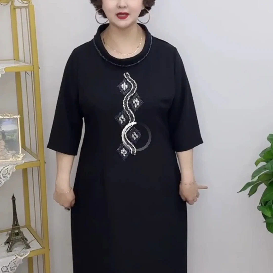 四季通用印花中长裙大码连衣裙不褪色拉链中腰圆领