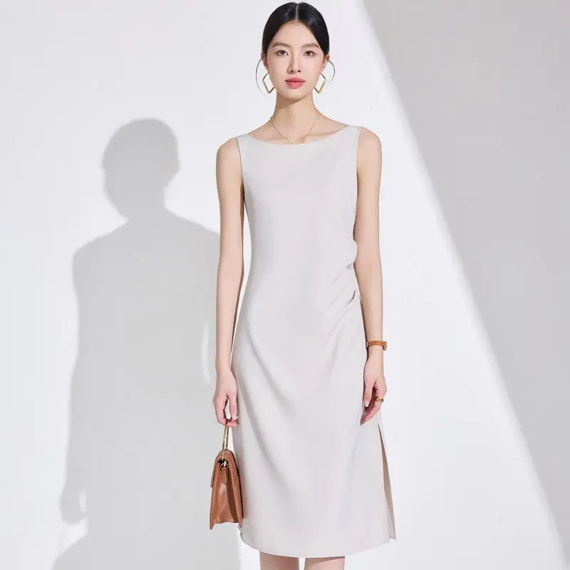 粉色圆领吊带女职业连衣裙2025春夏新款女神范褶皱收腰开叉打底裙