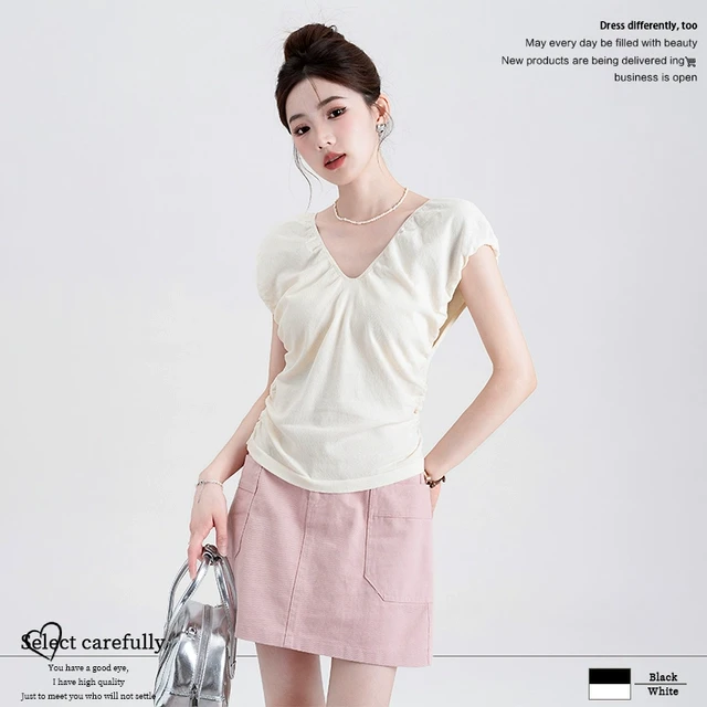 修身显瘦短袖t恤女夏季2025新款无袖V领褶皱设计法式甜美针织上衣