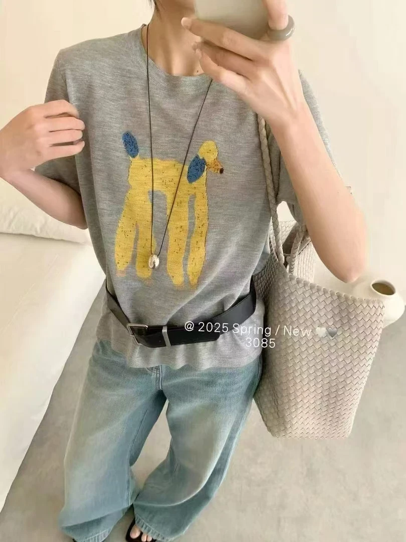 【辽海彤烟】日本和纸纱工艺 卡通小狗T恤25夏贵妇高品质上衣