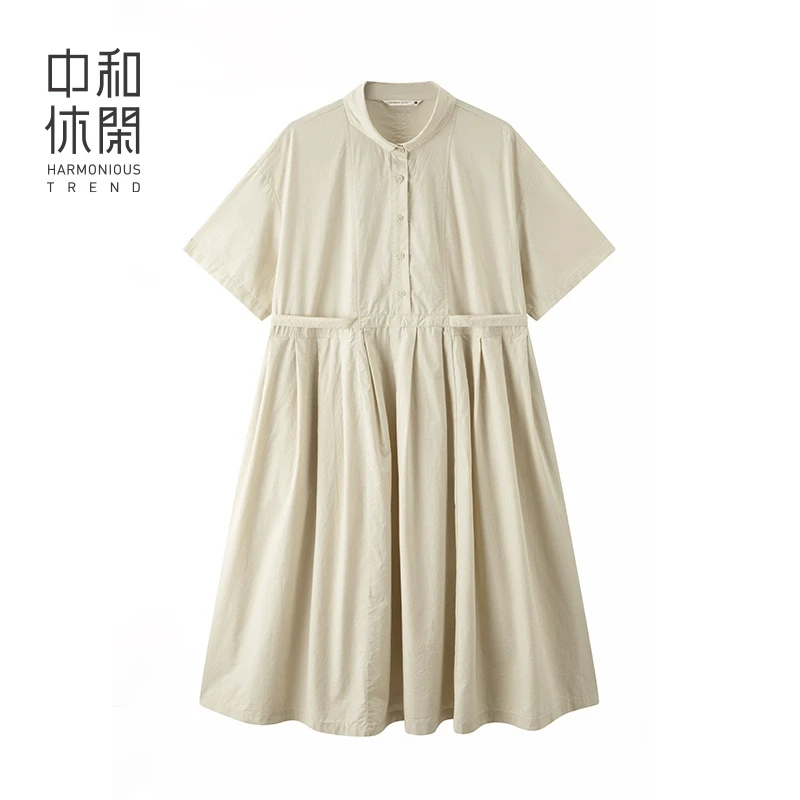中和休闲短袖连衣裙女2025夏季新款宽松显瘦中长款气质立领裙子