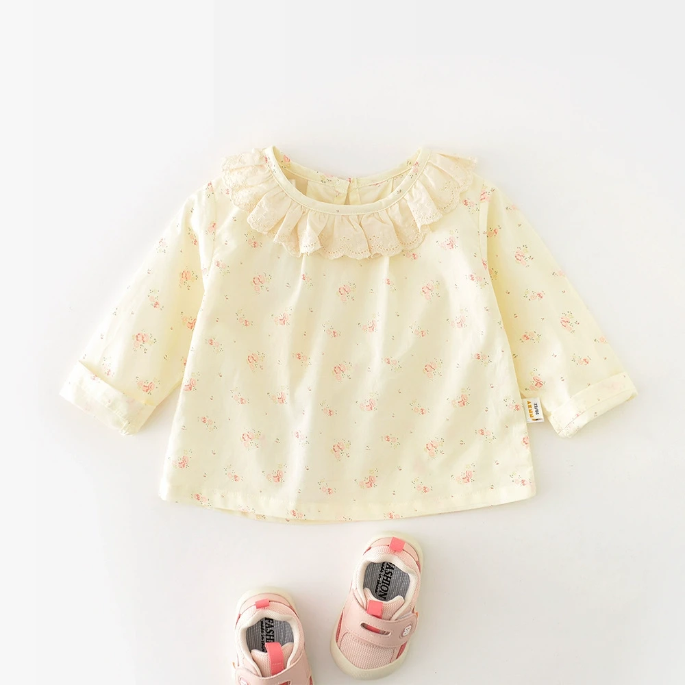 2025春秋女童长袖满印碎花衬衫婴幼童薄款花边水滴领春季上衣打底