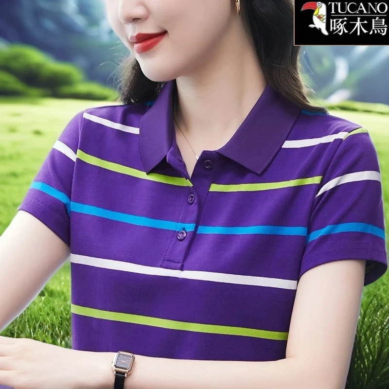 啄木鸟~翻领短袖t恤女夏季2024新款中年妈妈条纹修身上衣夏polo衫
