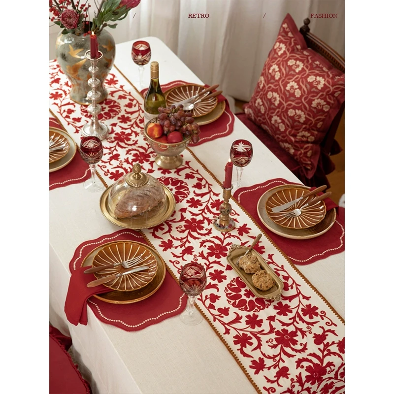 【蜡笔家居专属】花开圆满桌旗红色新年氛围感桌布结婚婚庆布