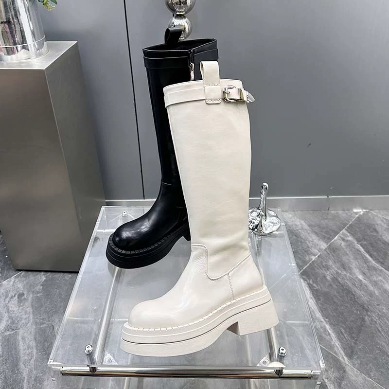 【现货】真皮长靴子女鞋2024秋季新款厚底增高大腿围骑士靴777-5