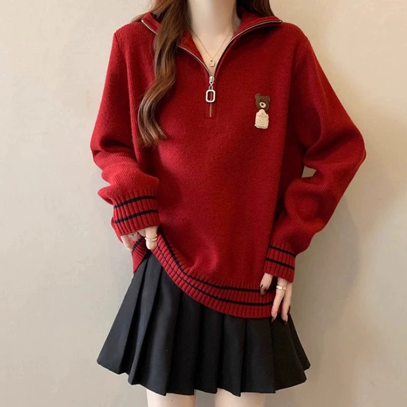 【新年穿搭】微胖妹妹大码学院风半拉链毛衣针织衫女韩系翻领上衣潮
